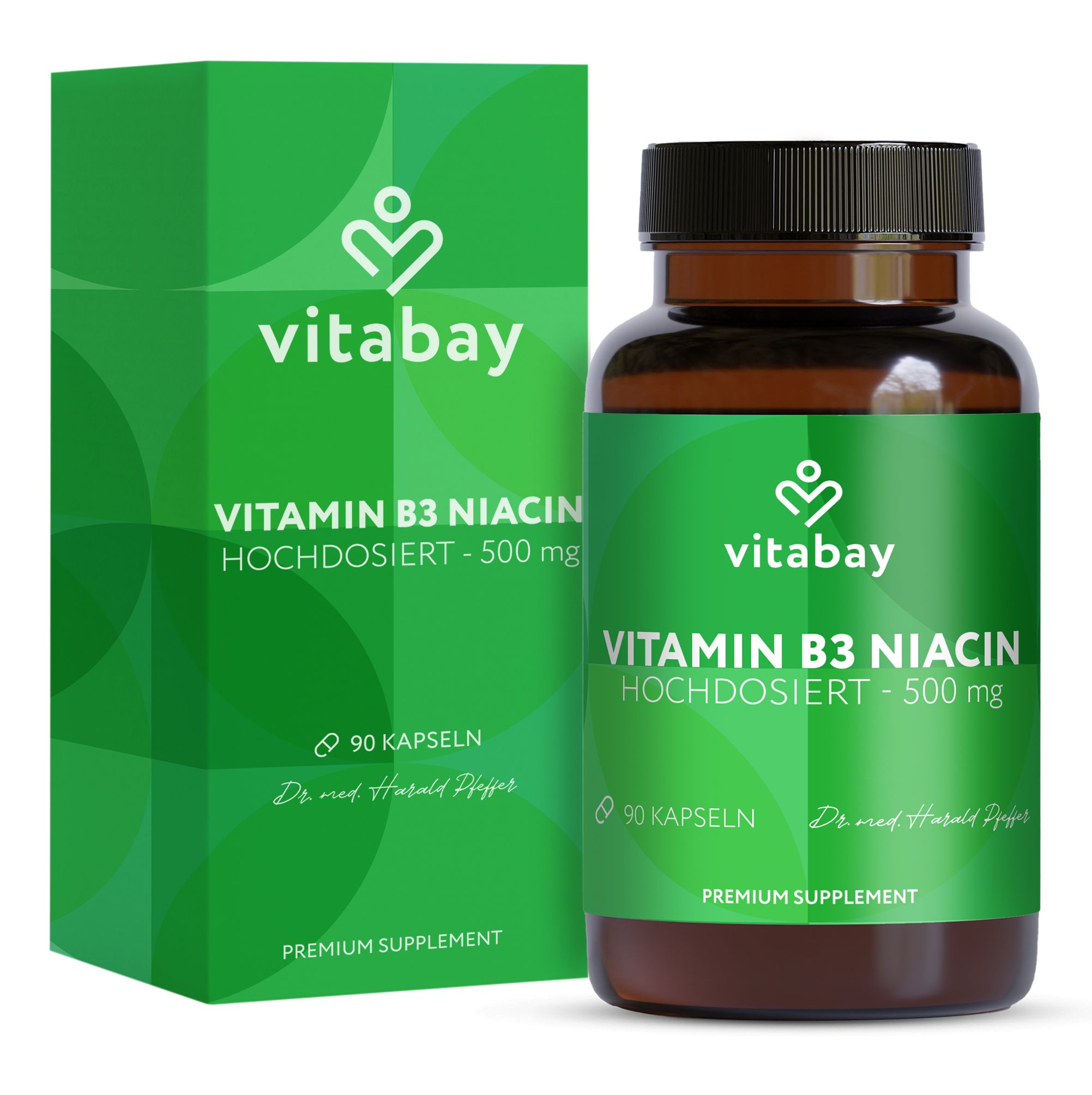Vitabay Vitamin B3 Niacin 500 mg Kapseln und Faltschachtel.