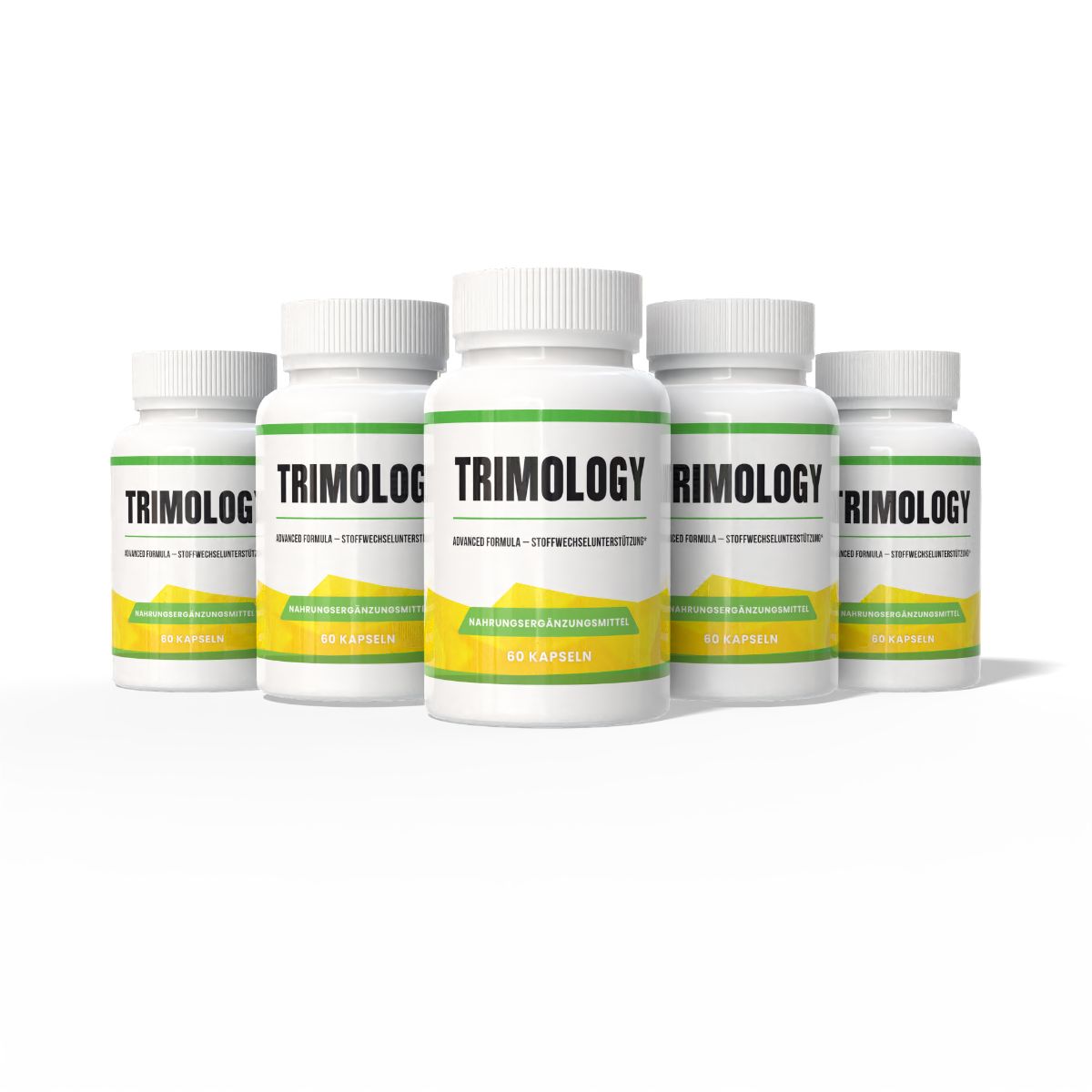 Fünf Flaschen Trimology, 60 Kapseln pro Flasche, Nahrungsergänzungsmittel.