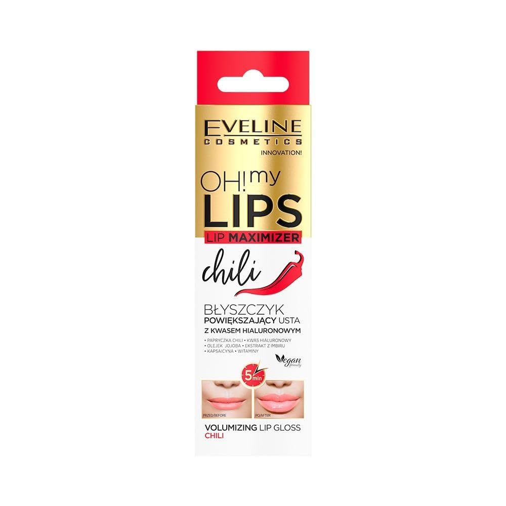Verpackung von Oh! My Lips Lip Maximizer Chili. Marke Eveline Cosmetics. Produktname und Chili-Abbildung.