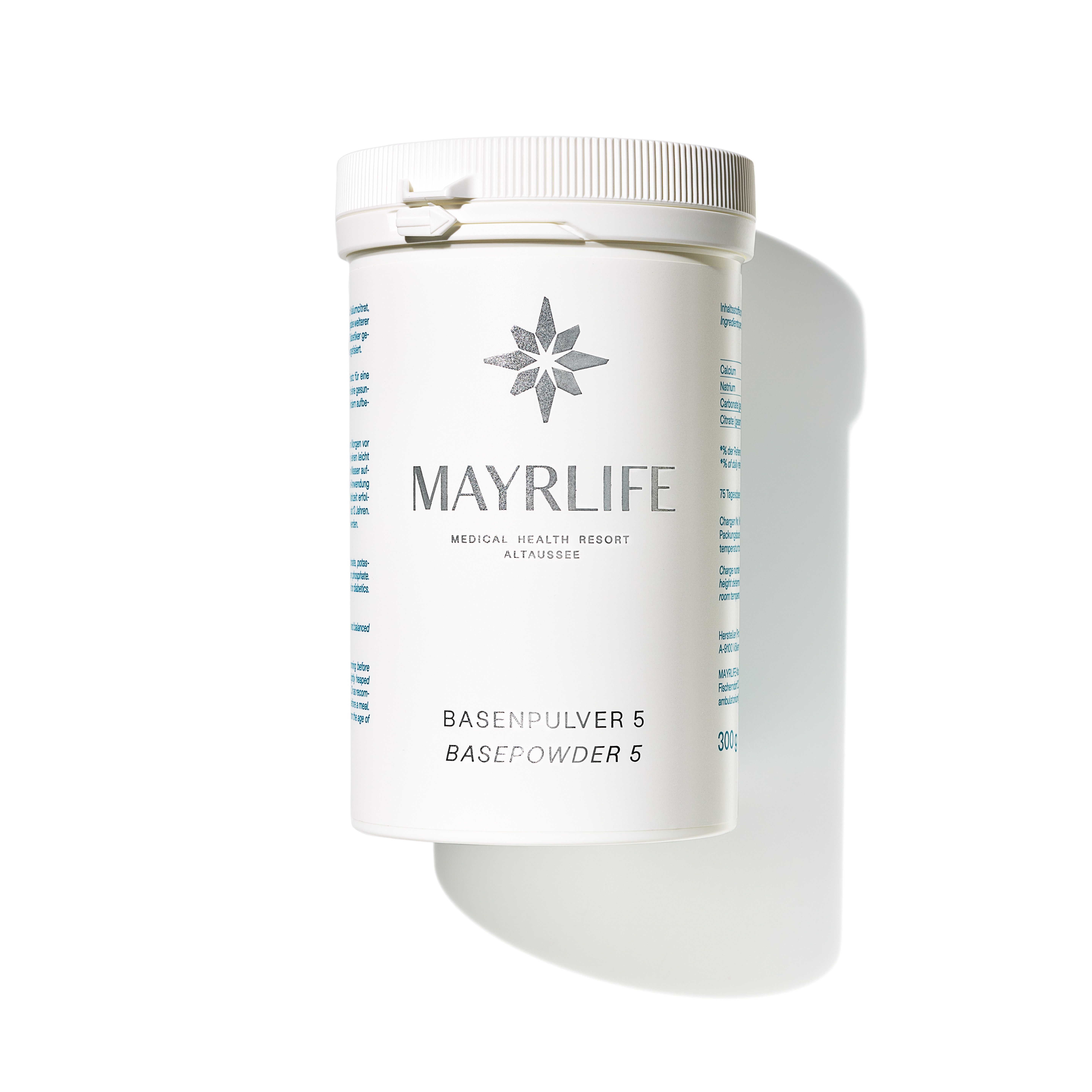 Weißes MAYRLIFE Basenpulver 5 Produkt. Zylinderförmige Dose mit Deckel. Aufschrift: MAYRLIFE, Basenpulver 5, Basepowder 5.