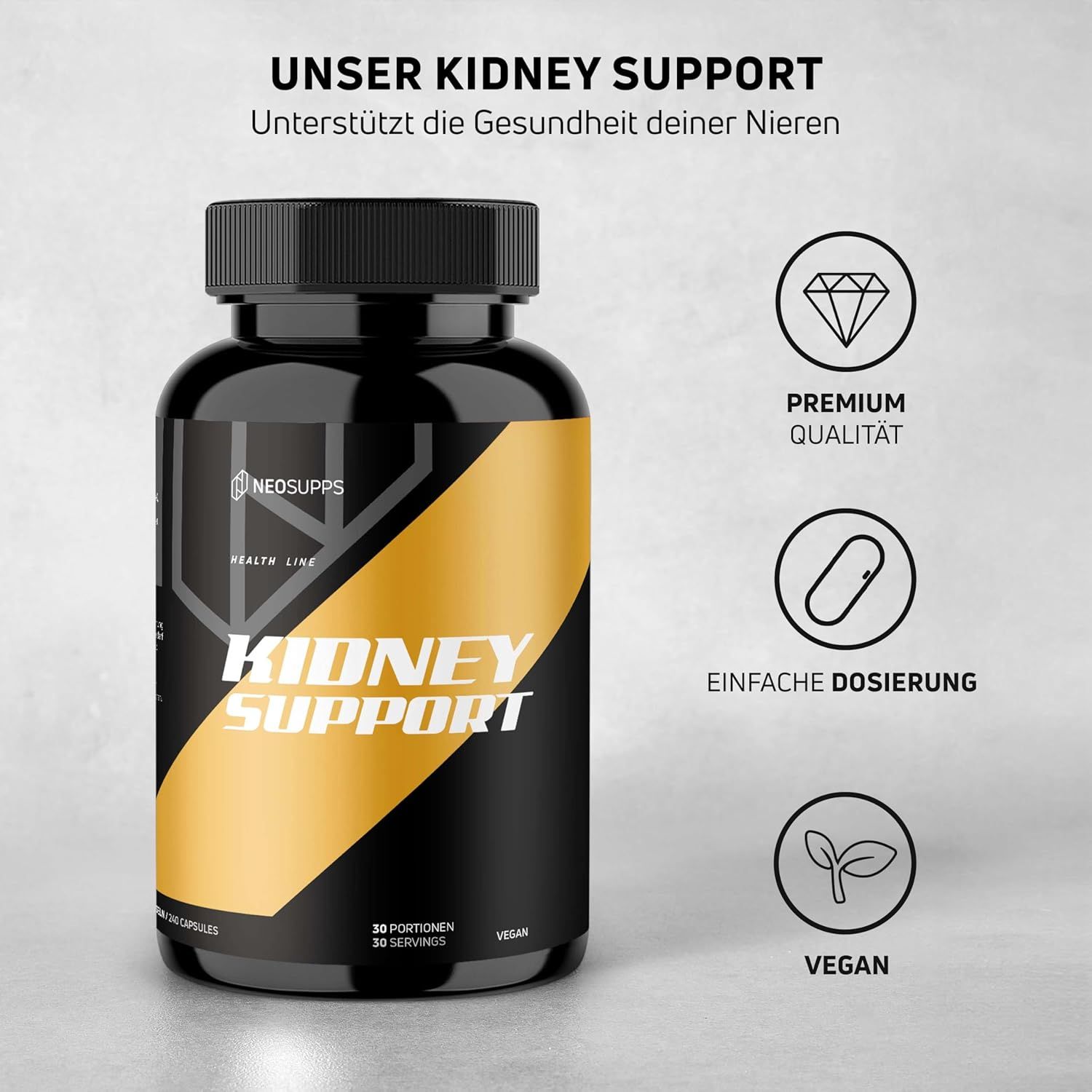 Schwarze Flasche mit gelbem Etikett. Aufschrift: Kidney Support, Neosupps. Vegan, 30 Portionen. Premium Qualität, einfache Dosierung.