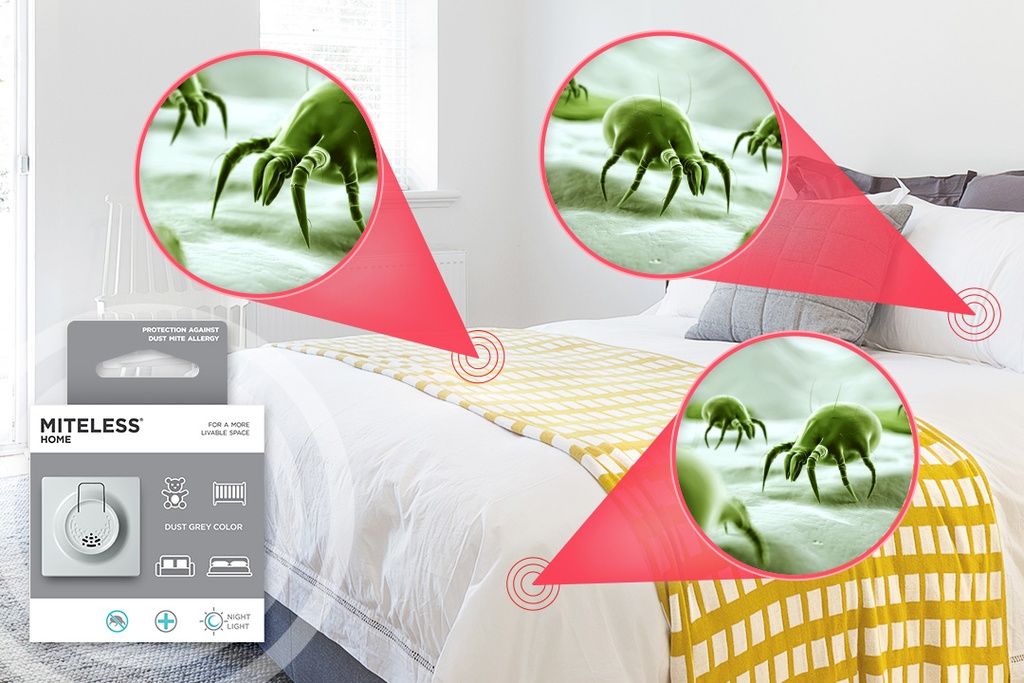 Bett mit Hausstaubmilben, vergrößert dargestellt. Produktverpackung gegen Hausstaubmilben im Bild.