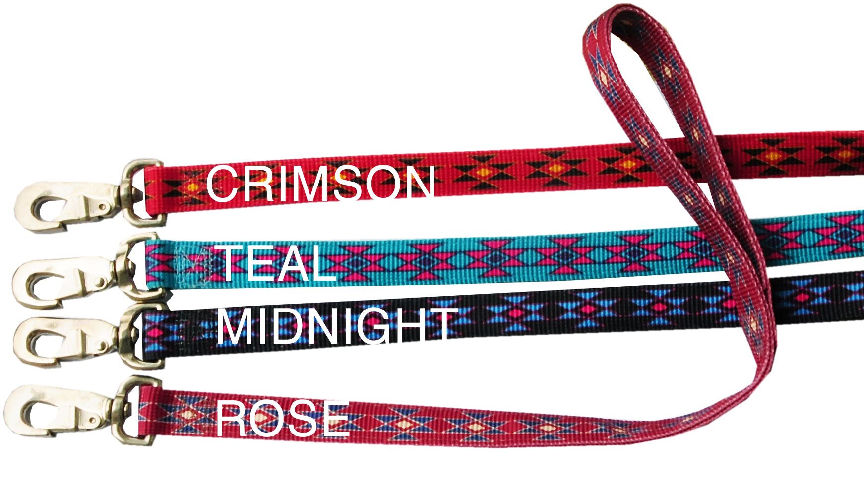 Vier Hundeleinen in verschiedenen Farben mit Karabinerhaken. Text mit Farbbezeichnungen.