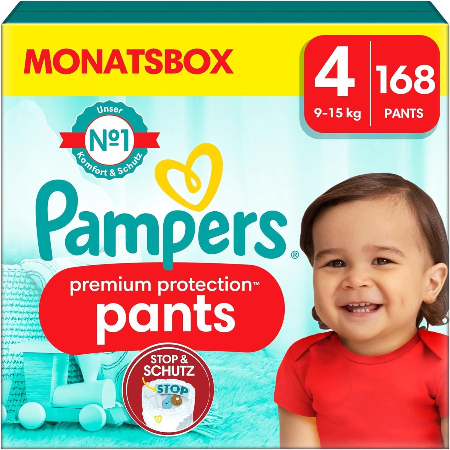 Verpackung Pampers Pants Größe 4, 168 Stück. Aufdrucke: Premium Protection, Komfort & Schutz, Monatsbox, Baby.