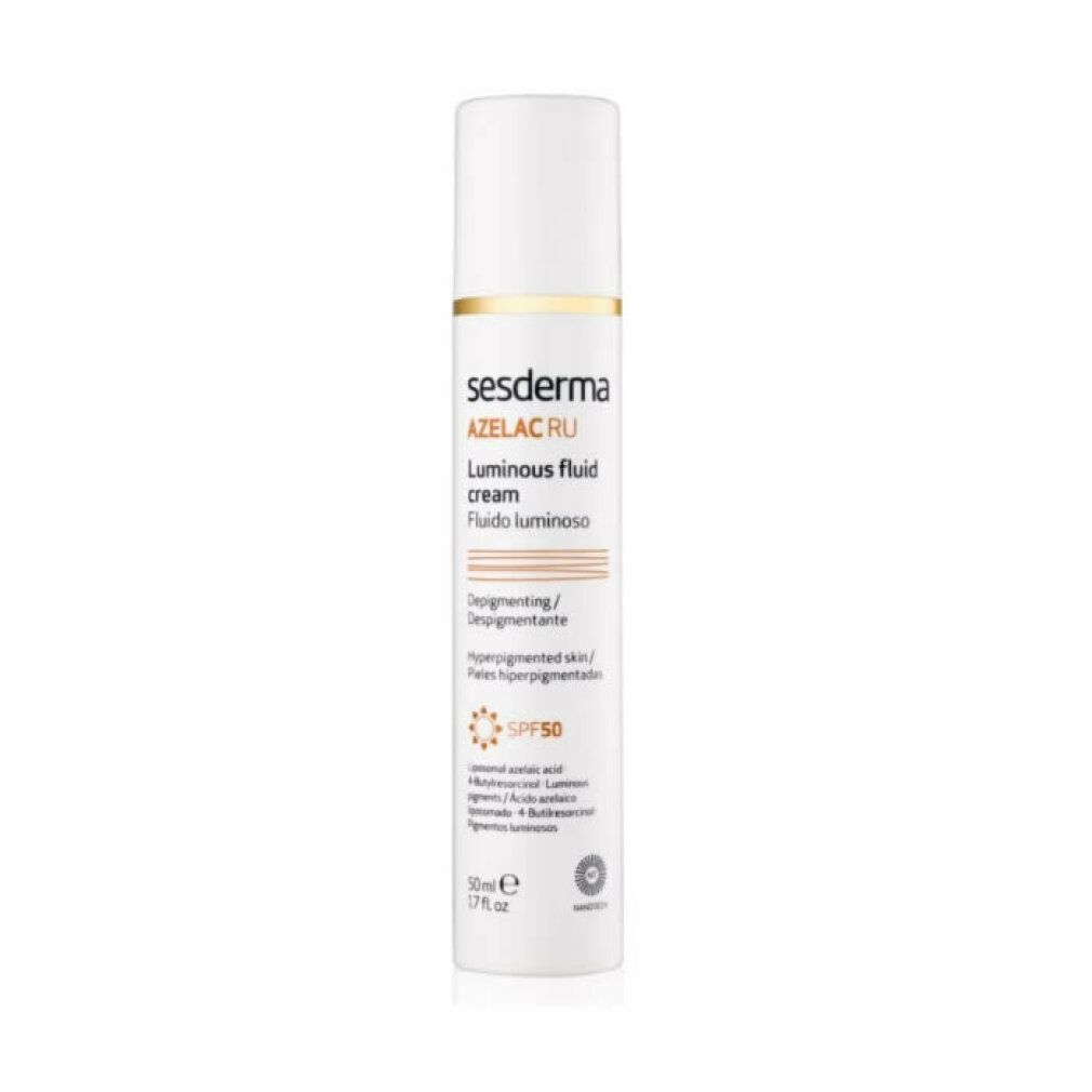 Sesderma Azelac Ru Luminous Fluid Cream. Weißes Fläschchen mit goldenem Ring. Text: SPF50, Luminous Fluid Cream, Depigmenting.