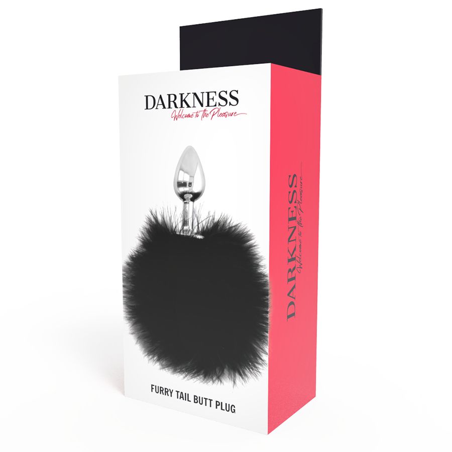 Verpackung mit Analplug. Aufschrift "DARKNESS" und "FURRY TAIL BUTT PLUG". Rote und schwarze Farbgebung.