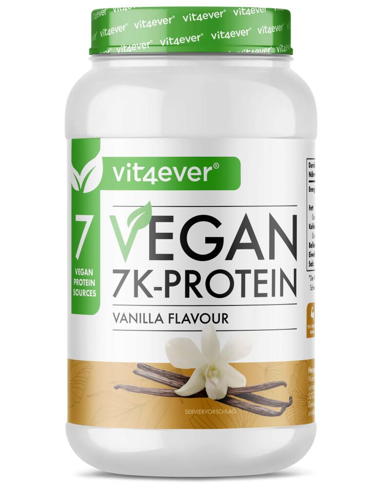 Weißes Protein-Pulver-Behälter mit grünem Deckel. Aufschrift: 7 Vegan 7K-Protein, Vanille-Geschmack. Abbildung: Vanilleschote und Blüte.