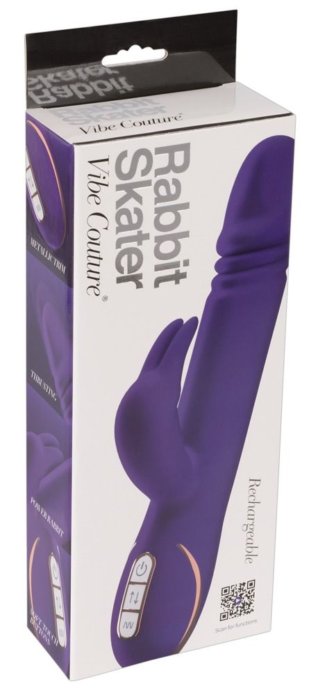 Verpackung für einen lila Vibrator. Produktname: Rabbit Skater. Marke: Vibe Couture. Mit QR-Code.