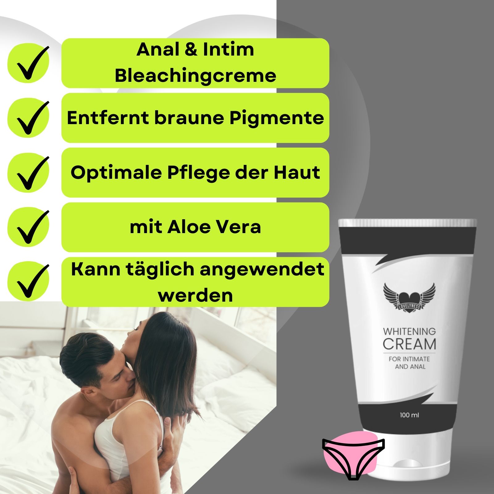 Produkt-Tube. Text: Whitening Cream, für Intim- und Analbereich. 100 ml. Hintergrund: Paar. Text: Anal & Intim Bleachingcreme.