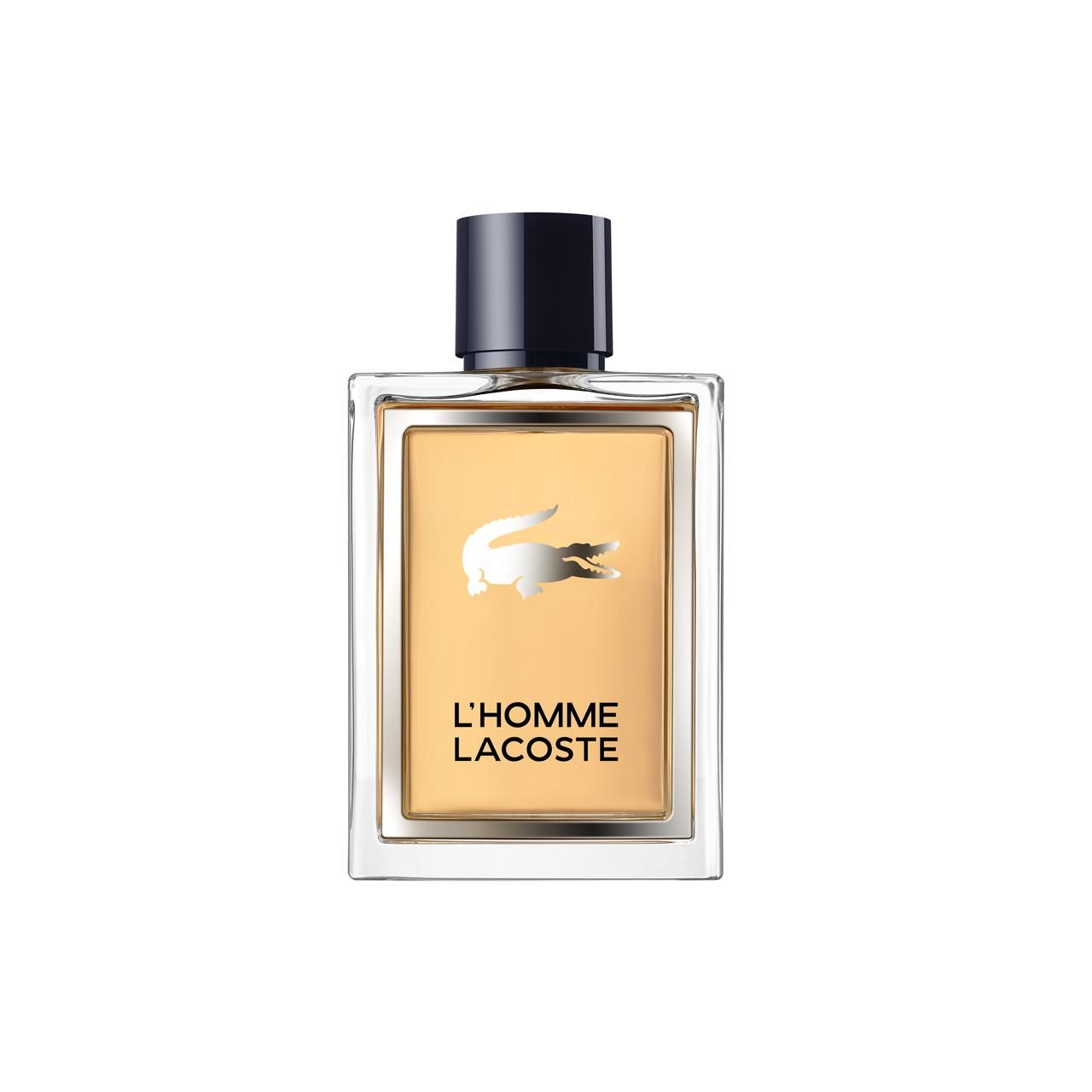 Rechteckiger Flakon von L'Homme Lacoste EdT. Silbernes Krokodil-Logo auf beigem Hintergrund. Schwarzer Verschluss. Produktbezeichnung unten.