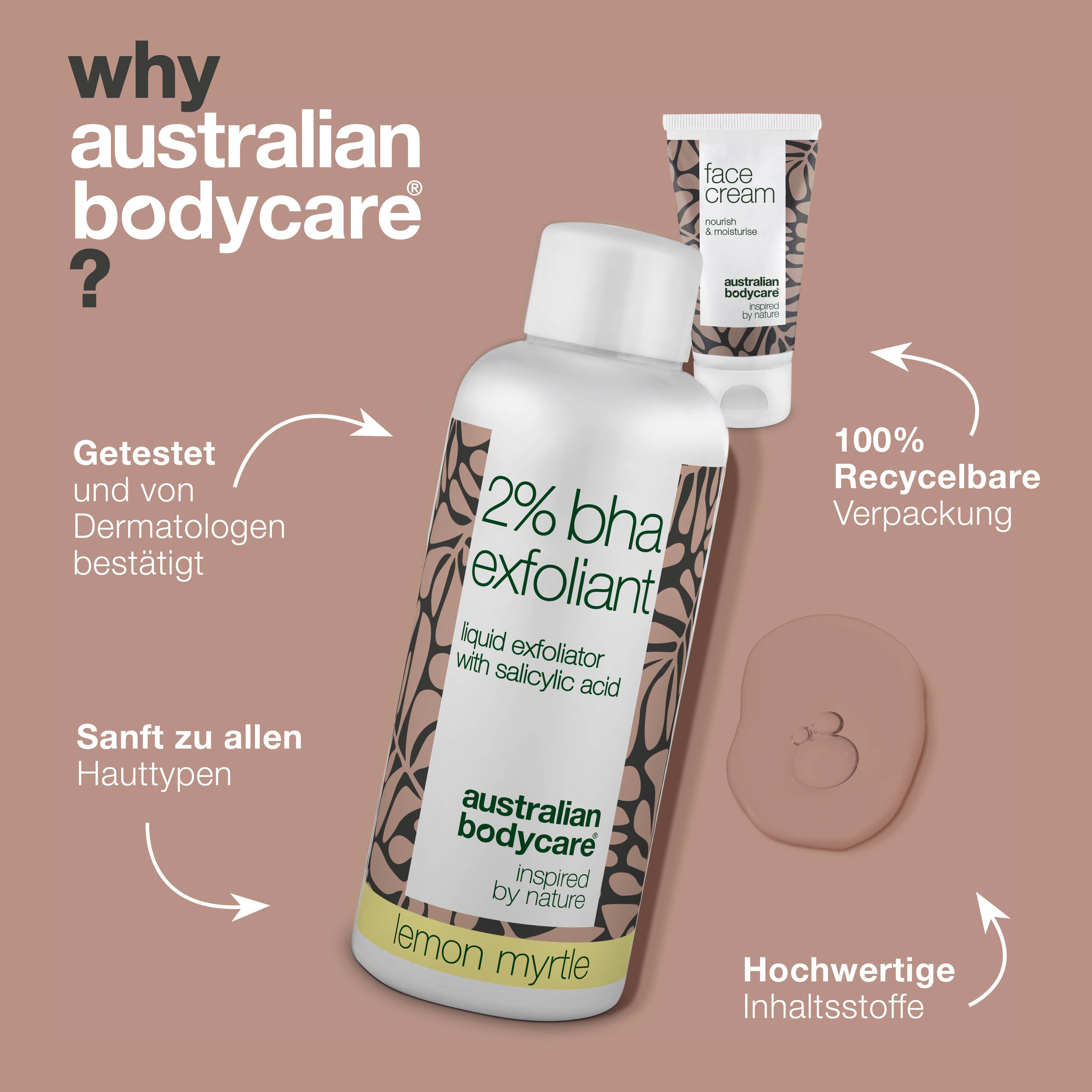 Flasche 2% BHA Exfoliant und Tube Face Cream. Text: Warum Australian Bodycare? Produktinformationen.