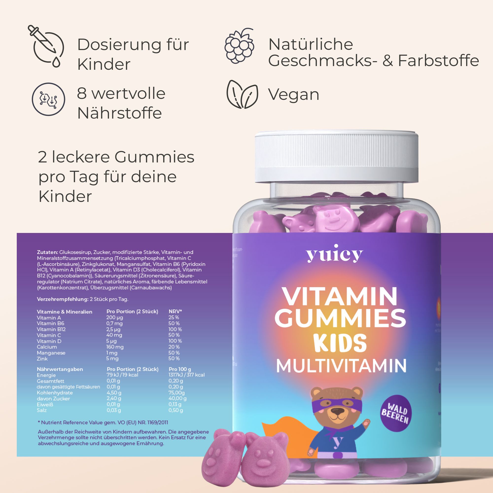 Flasche yuicy® Vitamin Gummies Kids. Text: Vitamin Gummies Kids Multivitamin. Icons: Dosierung für Kinder, 8 wertvolle Nährstoffe, vegan. Gummibärchen.
