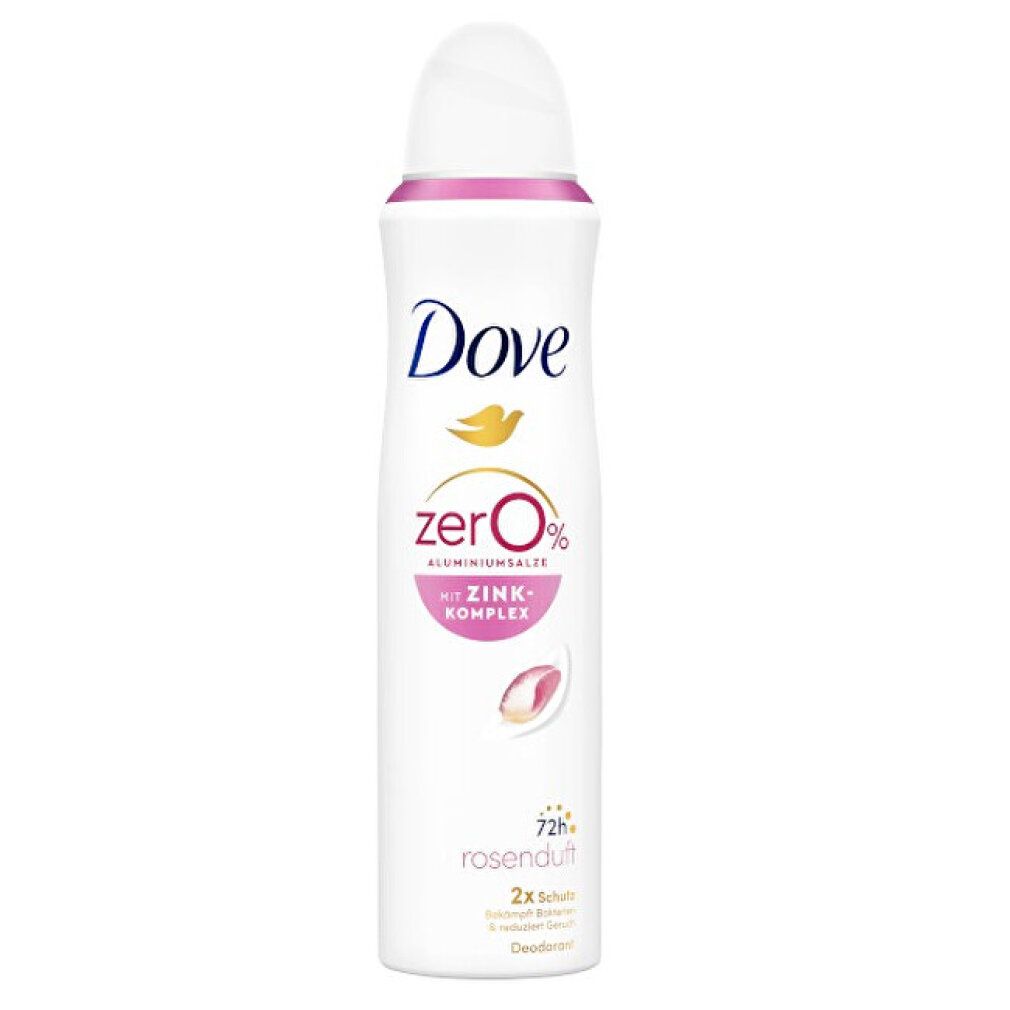 Deodorant-Spray, weiß, rosa Akzente. Dove-Logo, "zero%" und "Zink-Komplex" Schriftzug. "72h Rosenduft".