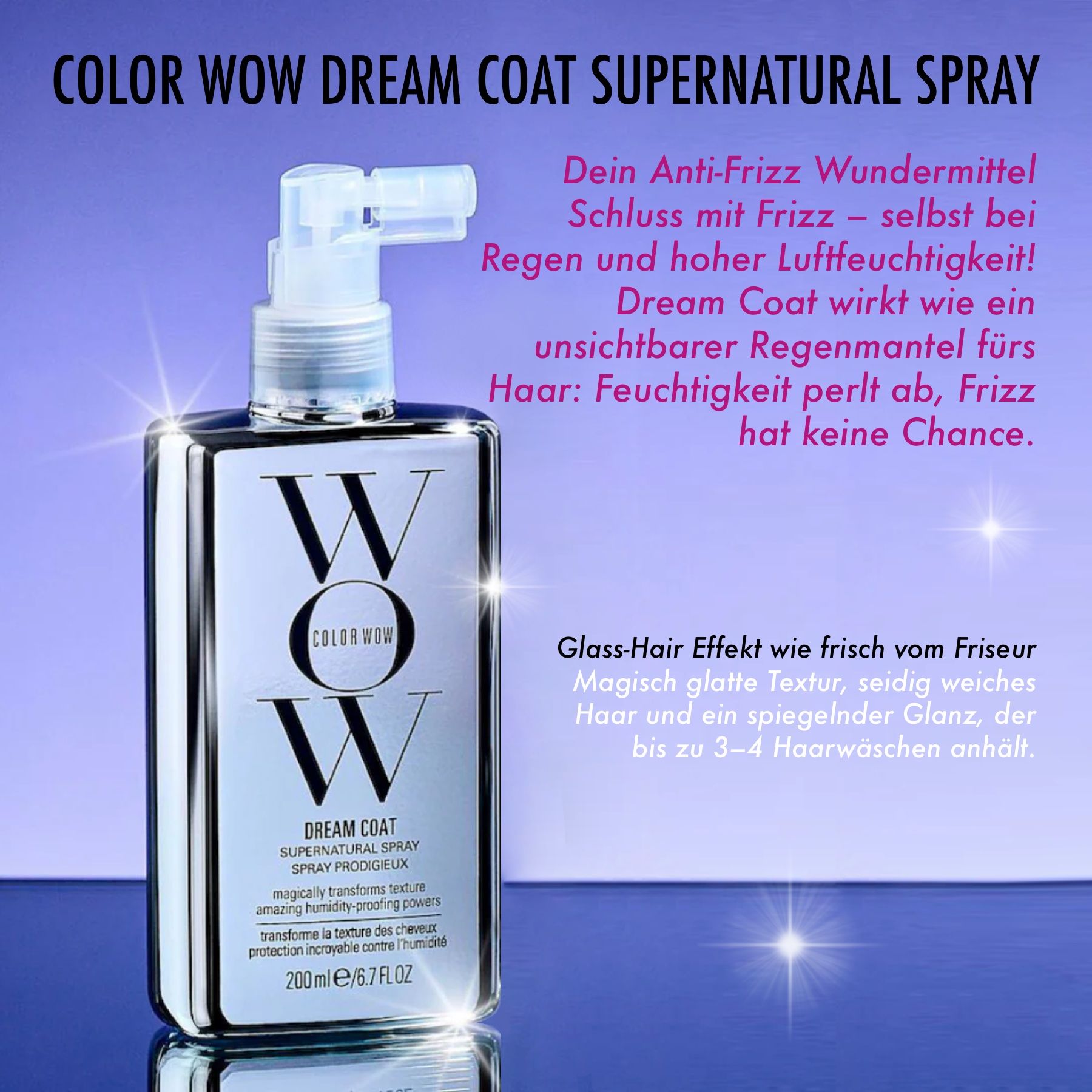 COLOR WOW Dream Coat Flasche. Silberfarben, rechteckig, mit Sprühkopf. Text. 'SUPER NATURAL SPRAY'.
