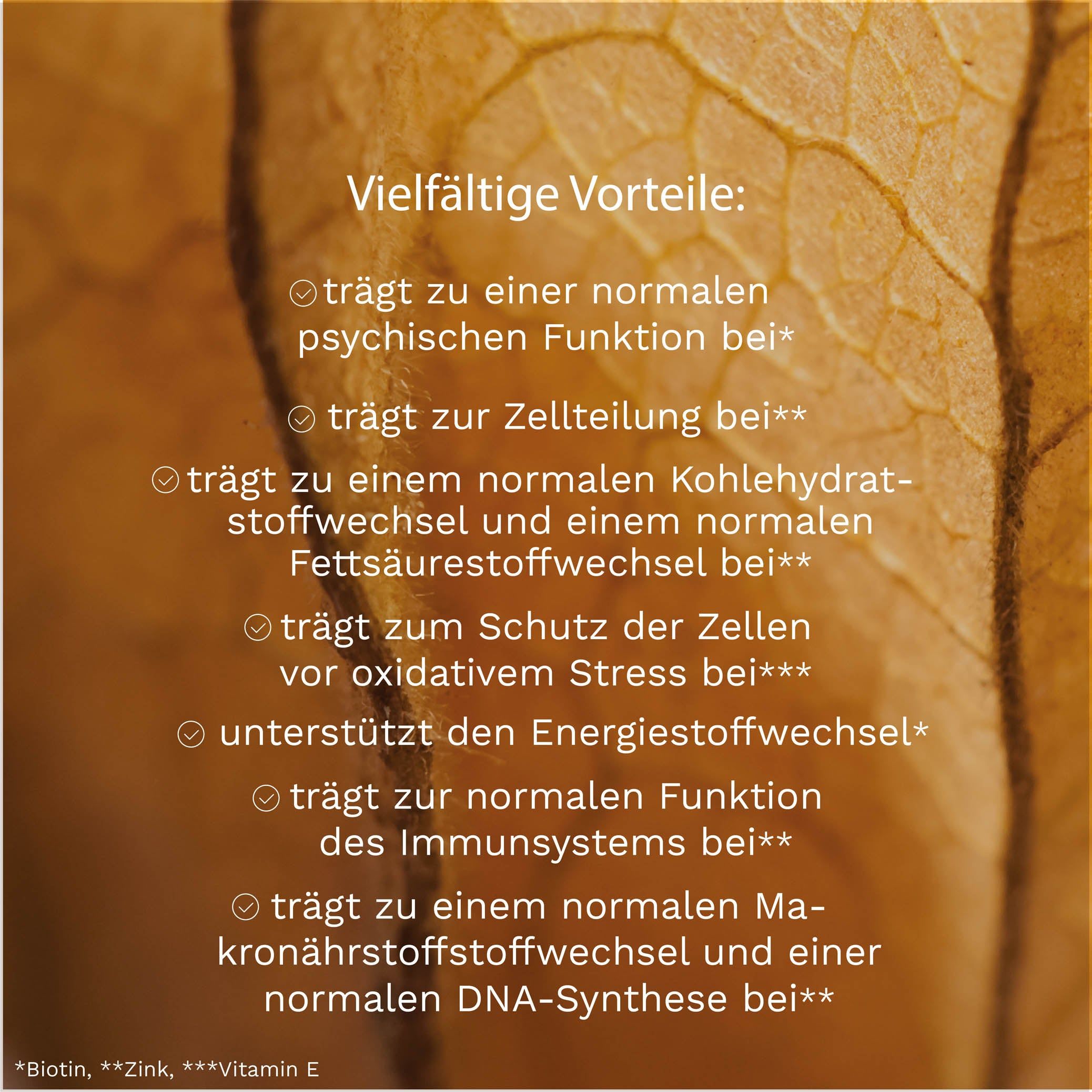 Vorteile von Biotin, Zink und Vitamin E für psychische Funktion, Zellteilung und Stoffwechsel.