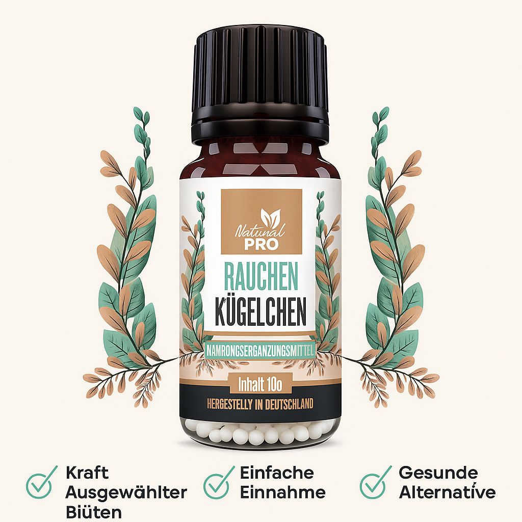 Braune Glasflasche mit schwarzem Deckel. Etikett mit Produktnamen und Inhaltsangabe. Kugeln liegen vor der Flasche.