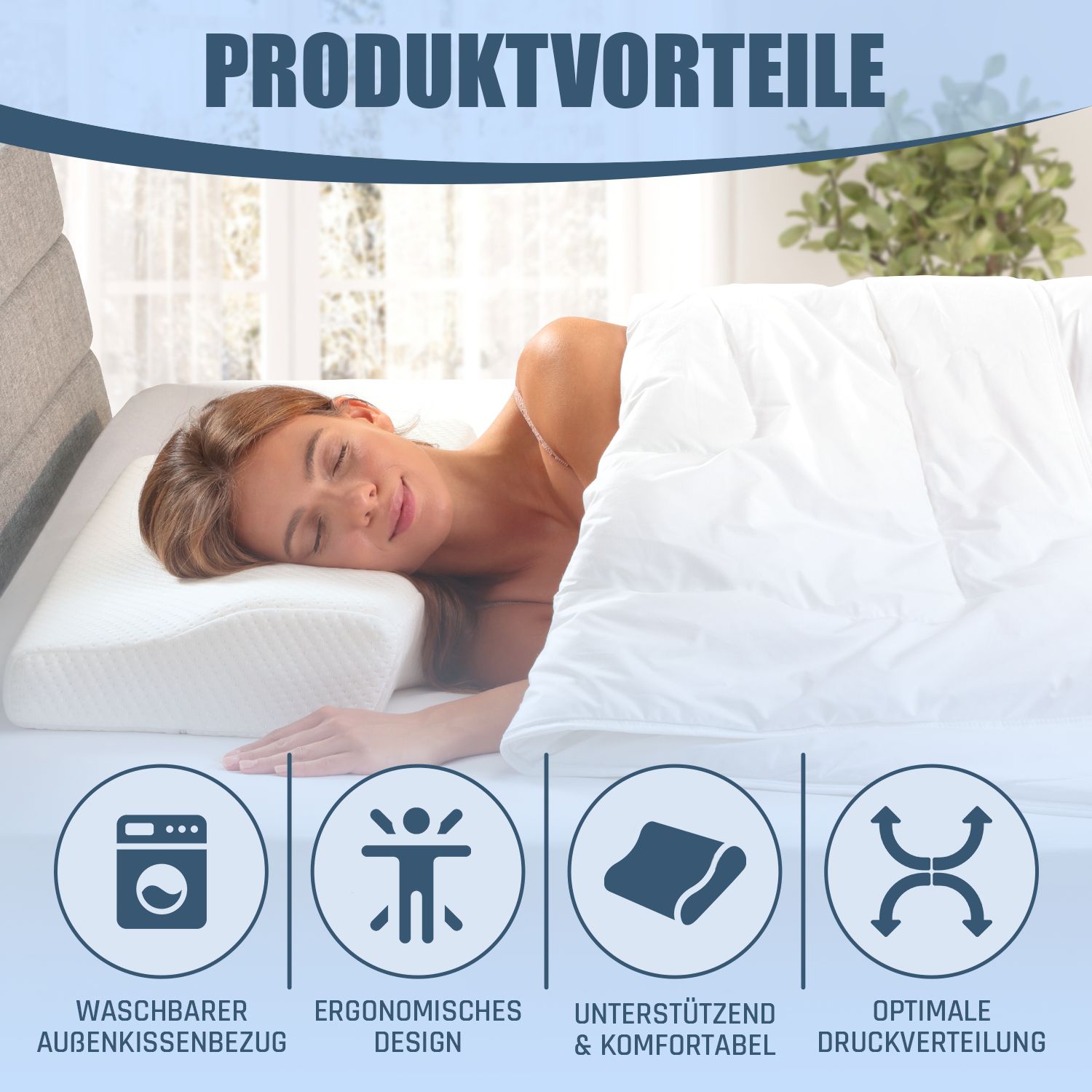 Frau schläft auf Kissen. Symbole: Waschbar, ergonomisches Design, unterstützend & komfortabel, optimale Druckverteilung.