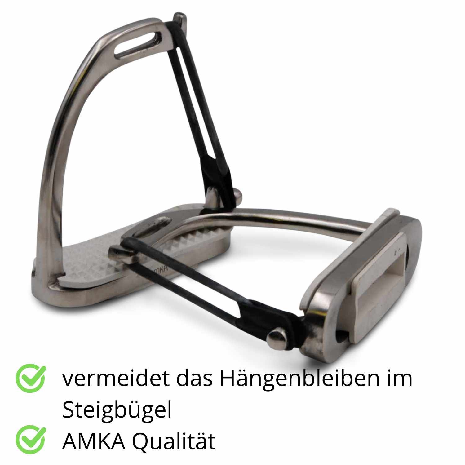 Sicherheitssteigbügel mit AMKA Qualität. Text: vermeidet das Hängenbleiben im Steigbügel, AMKA Qualität.