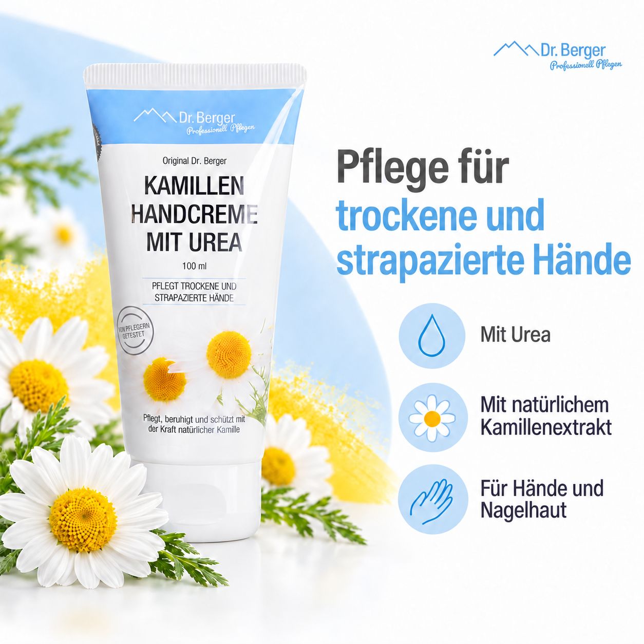 Dr. Berger Kamillen Handcreme mit Urea Tube mit Icons für Urea, Kamille und Hände.