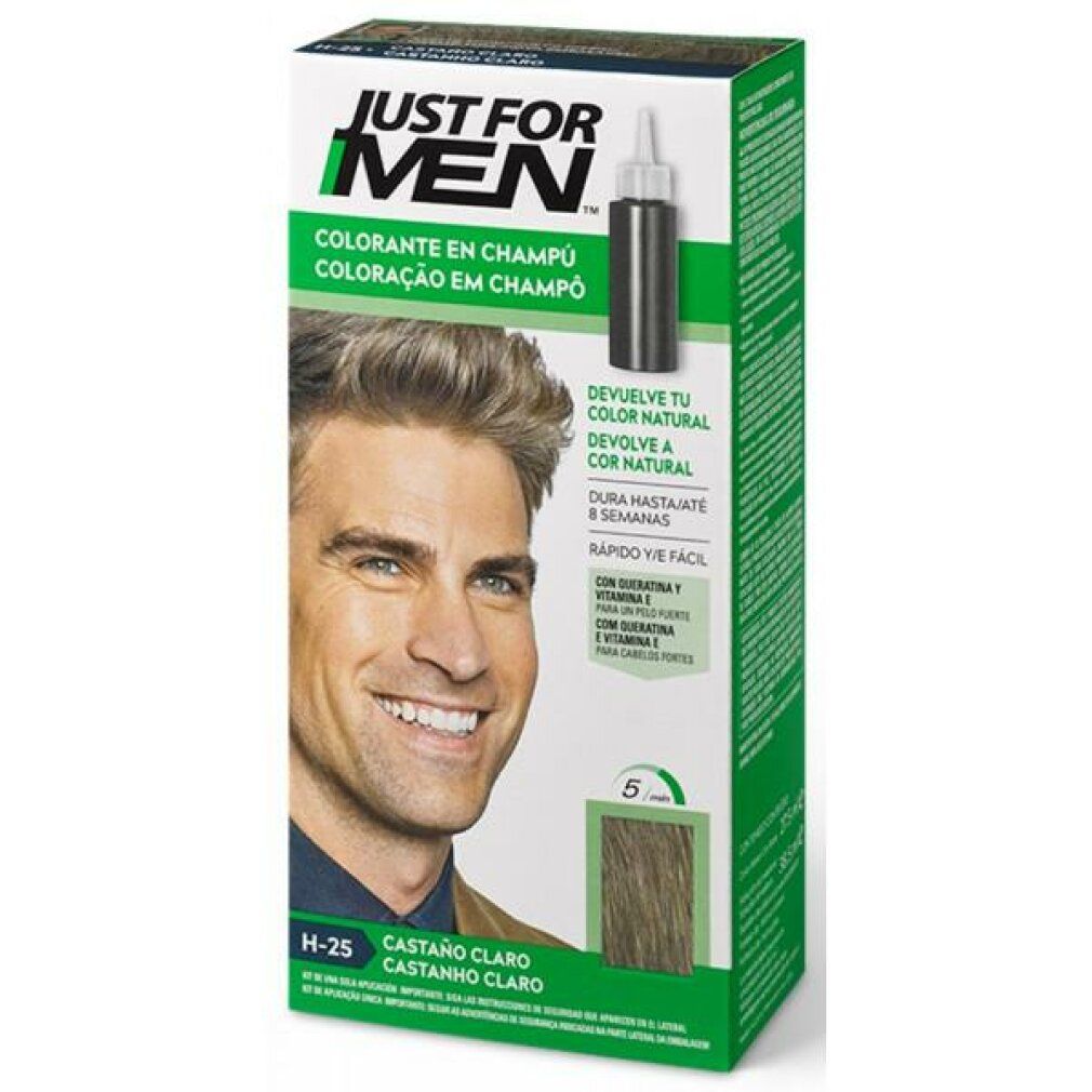 Verpackung von Just For Men Haarfärbemittel, Hellbraun. Zeigt einen Mann mit gefärbtem Haar.