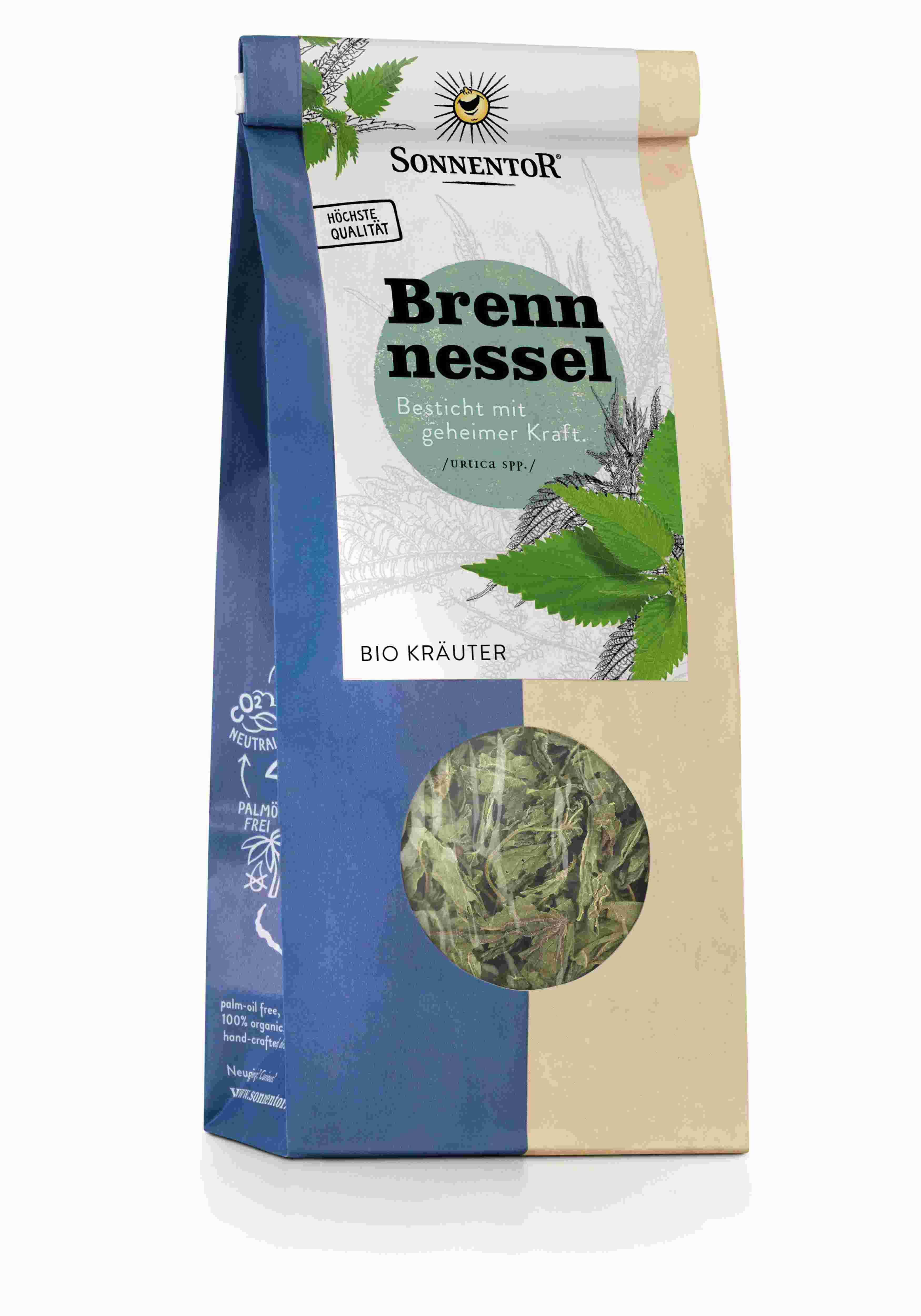 Verpackung von SonnentoR Brennnessel lose bio. Sichtfenster mit getrockneten Kräutern. Text: Brennnessel, Bio Kräuter, höchste Qualität.