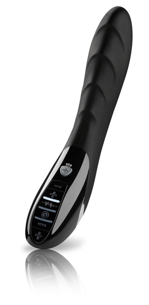 Schwarzes, längliches Produkt mit geriffelter Oberfläche und Bedienfeld. Glänzende Oberfläche, ergonomische Form.