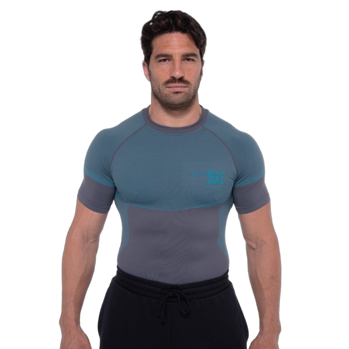 Graues Herren-T-Shirt mit kurzen Ärmeln und blauem Einsatz. Slim Fit.