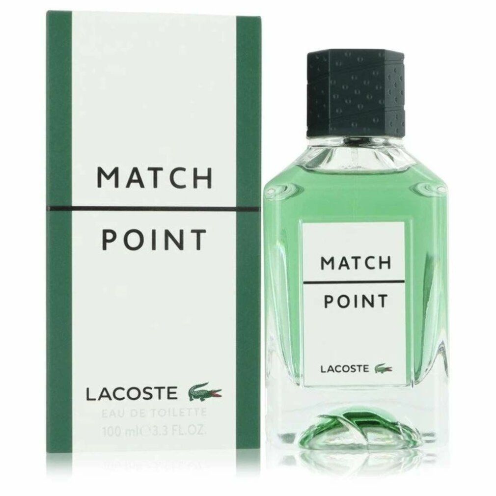 Grünes Parfümflakon und Verpackung. Aufschrift: MATCH POINT, LACOSTE. Flakon mit grünem Deckel. Verpackung mit grünem Rand.
