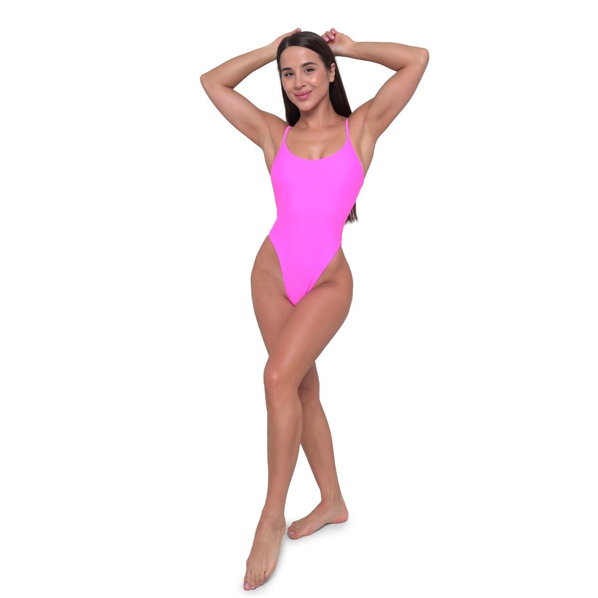 Pinker Damen Badeanzug mit verstellbaren Trägern, Ganzkörperansicht.