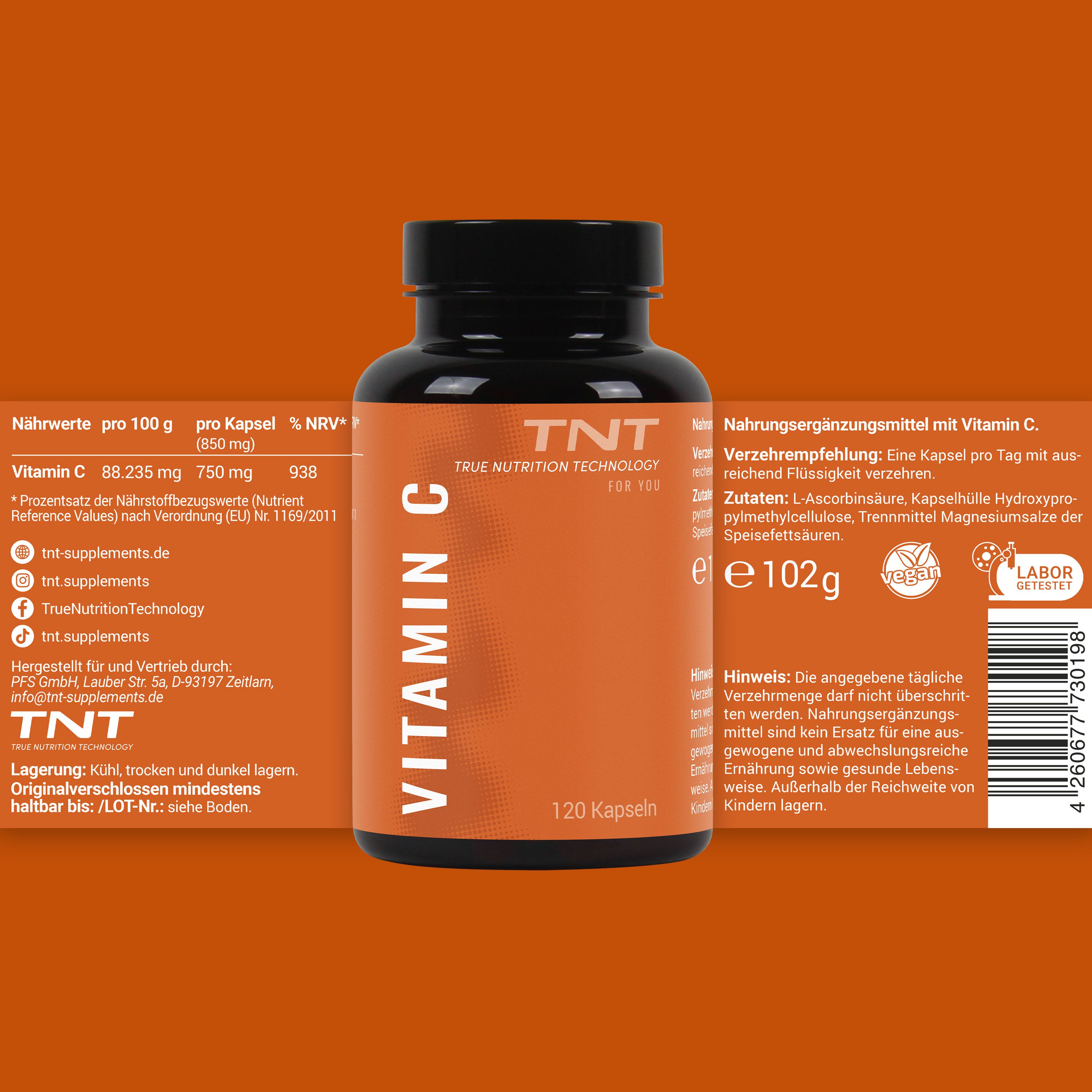 Braune Flasche TNT Vitamin C Kapseln mit Etikett. Aufschrift: Vitamin C, 120 Kapseln. Nährwertangaben und Inhaltsstoffe.