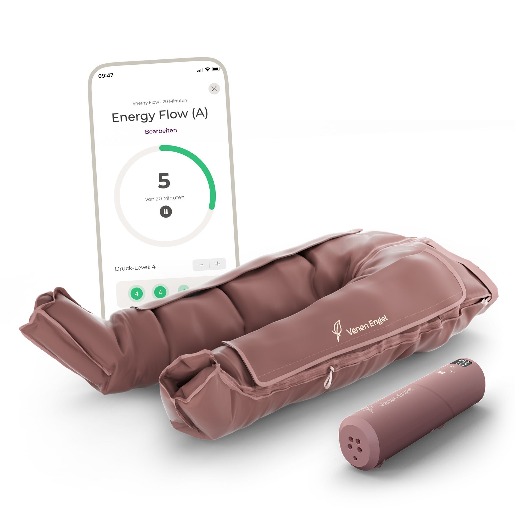 Ein aufblasbarer Manschette in Rosé mit einem Steuergerät und einem Smartphone, das eine App anzeigt.