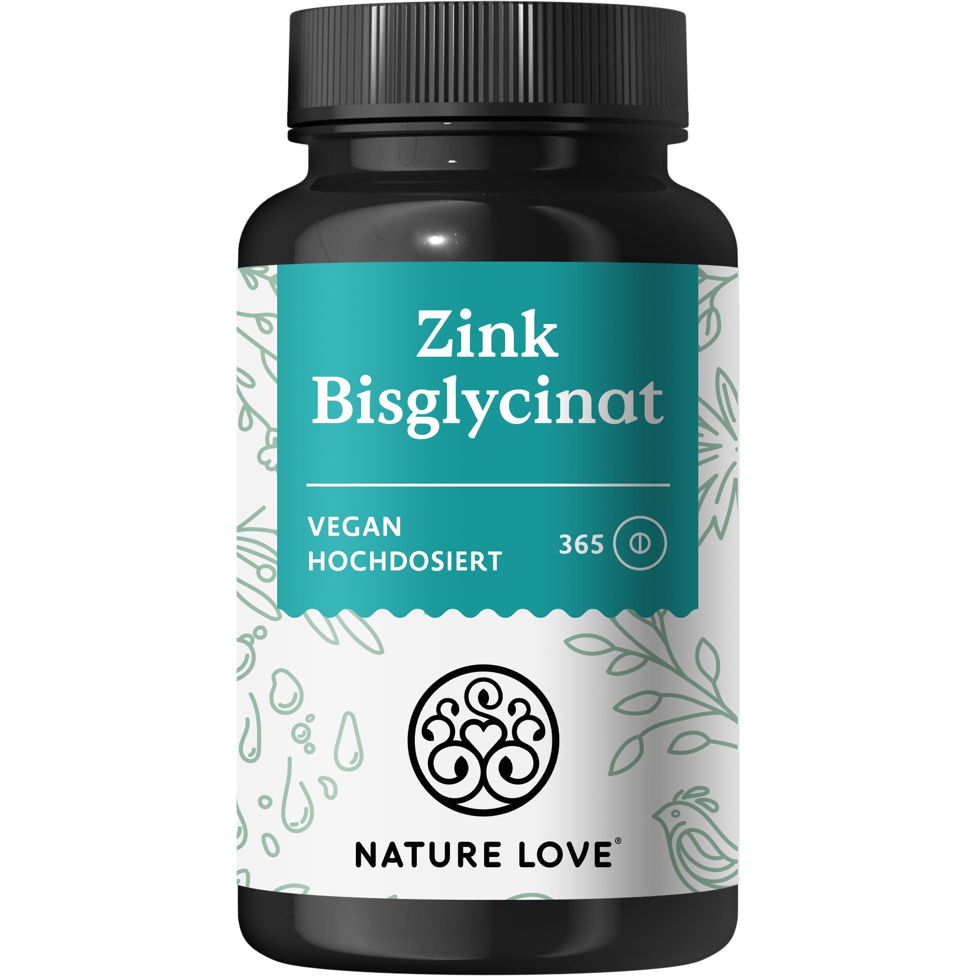 Schwarze Flasche NATURE LOVE® Zink Bisglycinat. Aufschrift: Vegan, hochdosiert. 365 Tabletten. Weißes Etikett mit floralem Muster.