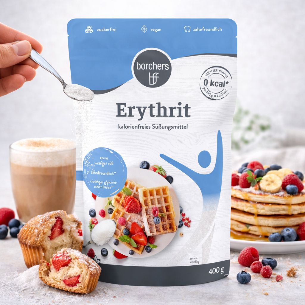 Borchers Erythrit, kalorienfreies Süßungsmittel, 400g Beutel. Mit Waffeln, Muffins und Beeren dekoriert.