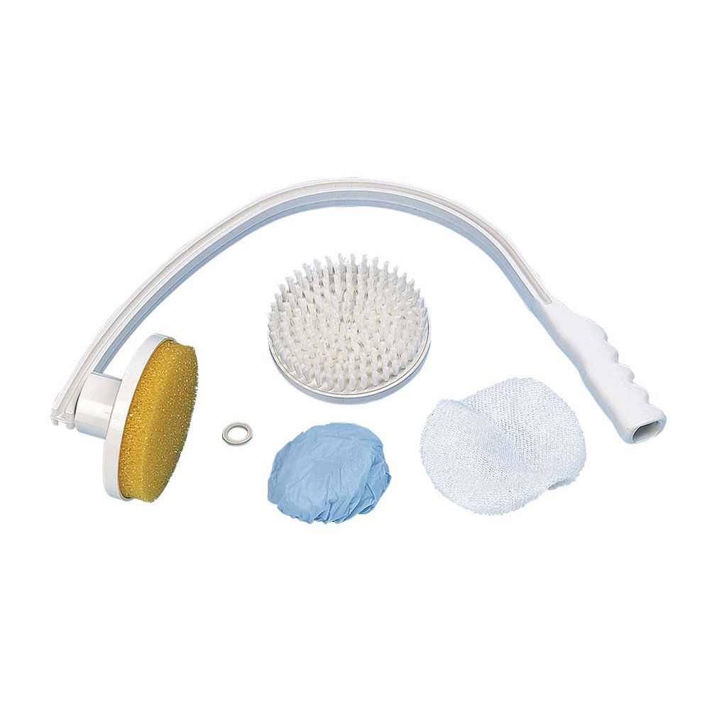 Set mit weißem Griff, Bürste, Schwamm, zwei Aufsätzen und einem Ring. Der Griff ist gebogen.