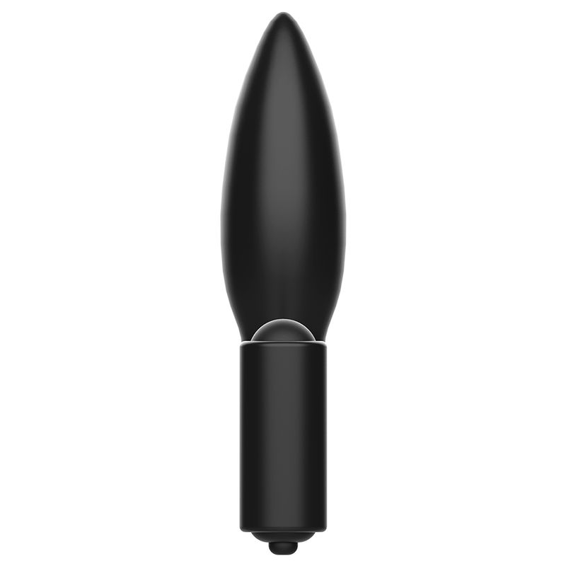 Schwarzer Analplug. Konische Form. Abgerundete Basis. Vibrationskopf.