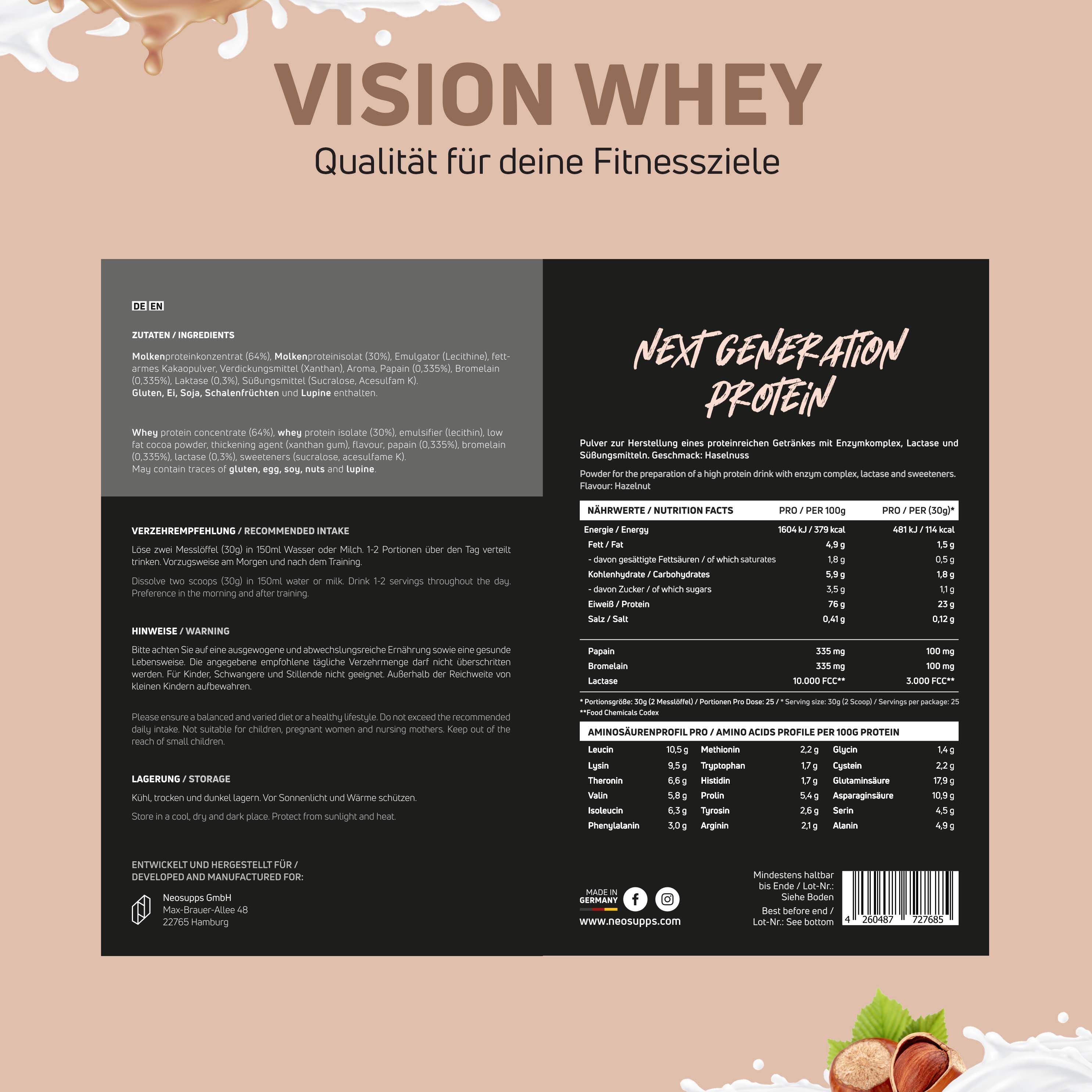 Produktinformationen auf schwarzem Hintergrund. Text: Vision Whey, Next Generation Protein. Nährwertangaben, Zutaten, Verzehrempfehlung, Lagerung.