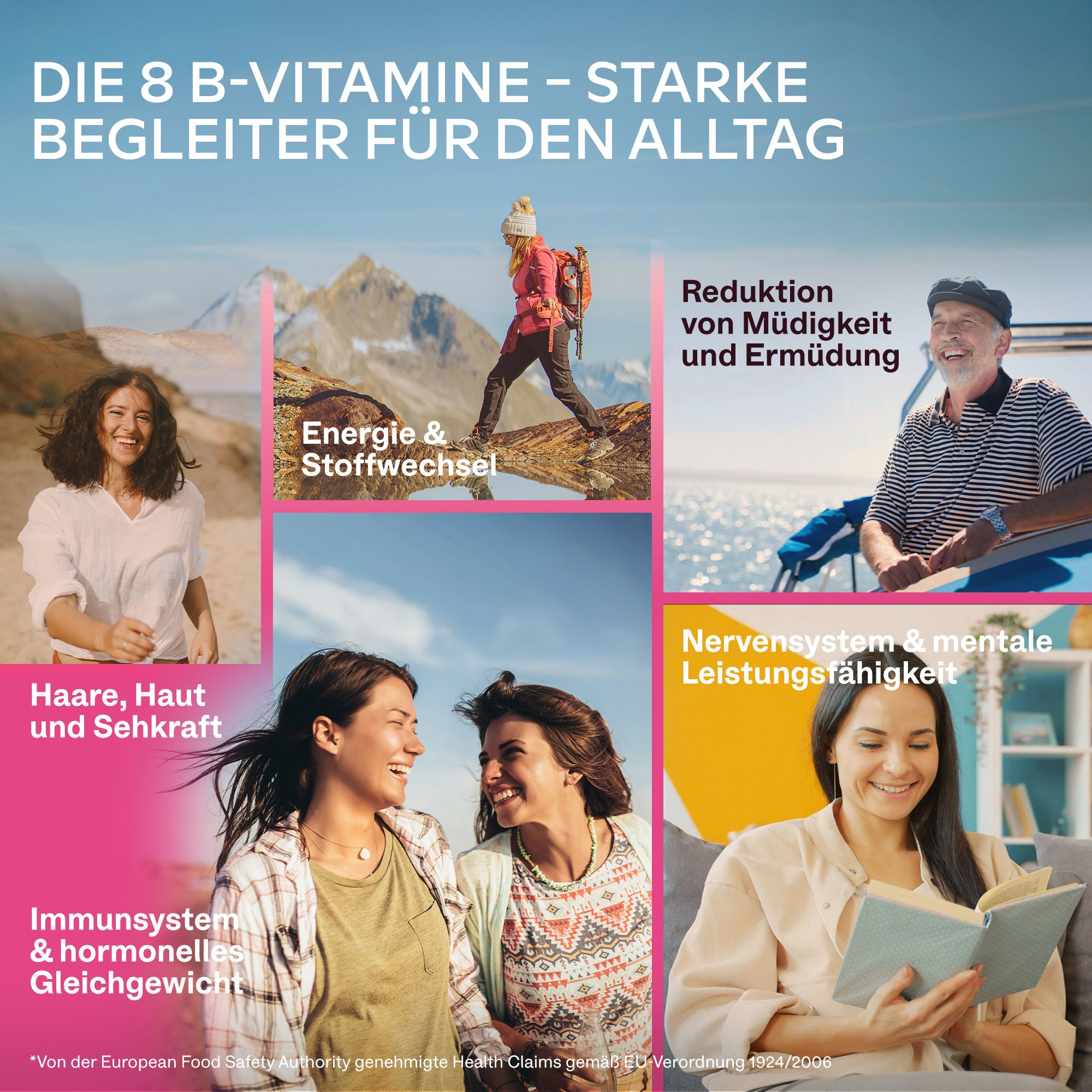 Flasche mit Kapseln. Text: AAVALABS Vitamin B Complex. Rosa Hintergrund mit Text.