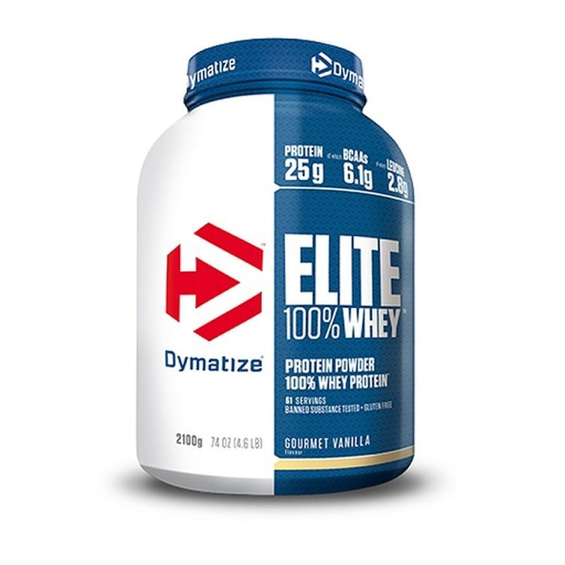 Dymatize Elite 100% Whey Protein-Pulver-Behälter. Weiß-blau. Enthält 25g Protein, 6,1g BCAAs. Gourmet-Vanille-Geschmack.