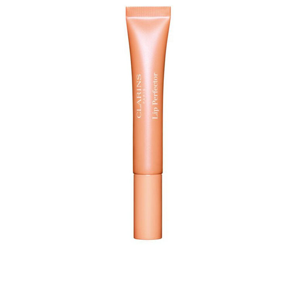 Clarins Lip Perfector in Pfirsich-Farbe. Tube mit Schraubverschluss. Aufschrift Clarins Paris und Lip Perfector.