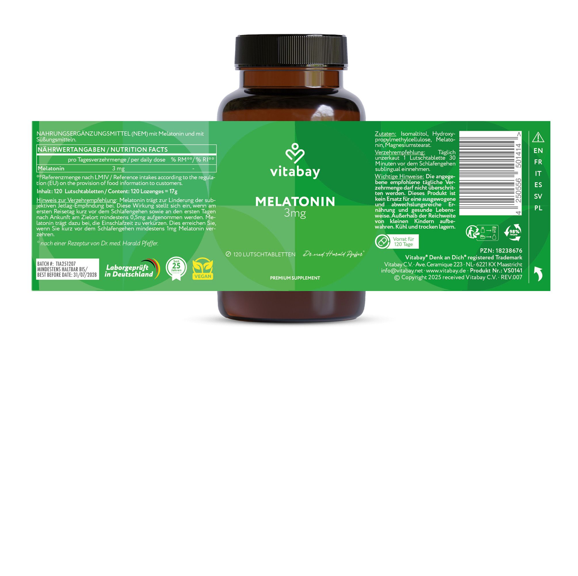 Braune Glasflasche mit grünem Etikett. Enthält Melatonin 3mg. Marke Vitabay. Rückseite mit Informationen.