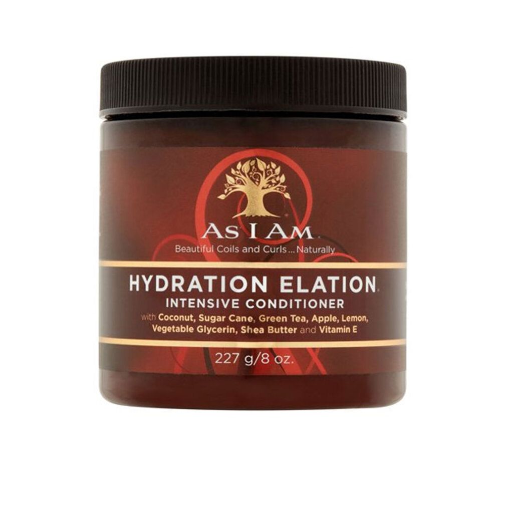 Braune Dose mit 'As I Am Hydration Elation Intensive Conditioner' Aufschrift. Enthält Kokos, Zuckerrohr, grünen Tee, Apfel, Zitrone, Glycerin, Sheabutter und Vitamin E. 227g/8oz.
