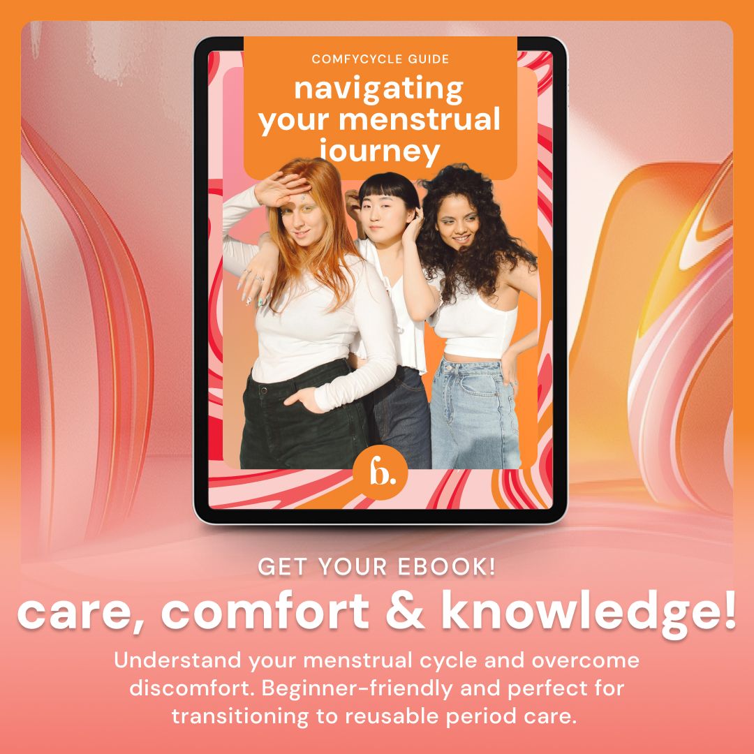Tablet zeigt E-Book "Navigating your menstrual journey" mit drei Frauen.
