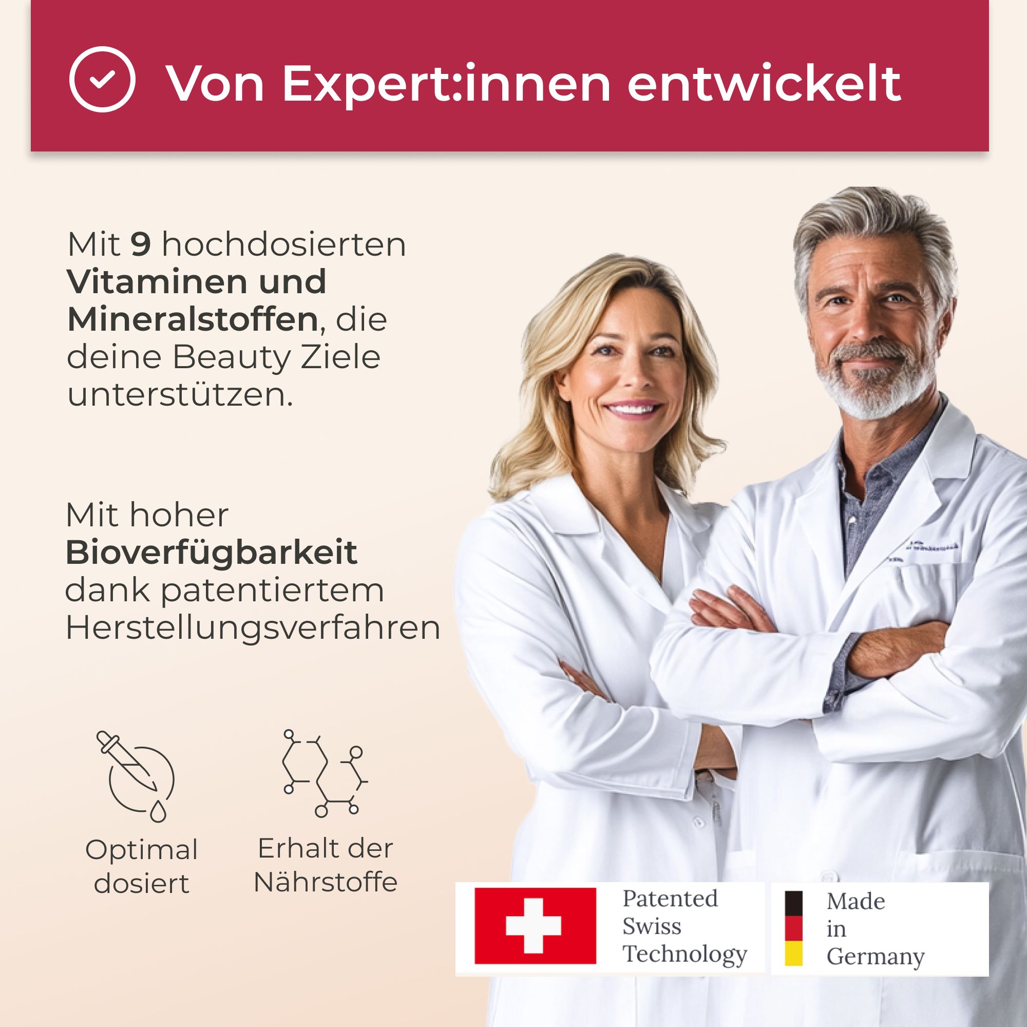 Zwei Wissenschaftler in Laborkitteln. Text: Von Experten entwickelt. Schweizer Kreuz, Made in Germany. Optimal dosiert.