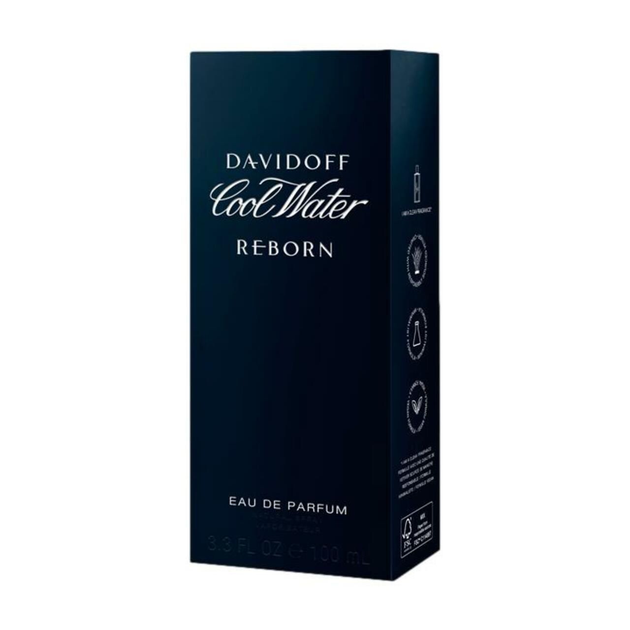 Davidoff Cool Water Reborn Verpackung. Rechteckige Form, dunkelblau. Aufschrift und Logos. Umweltzeichen.