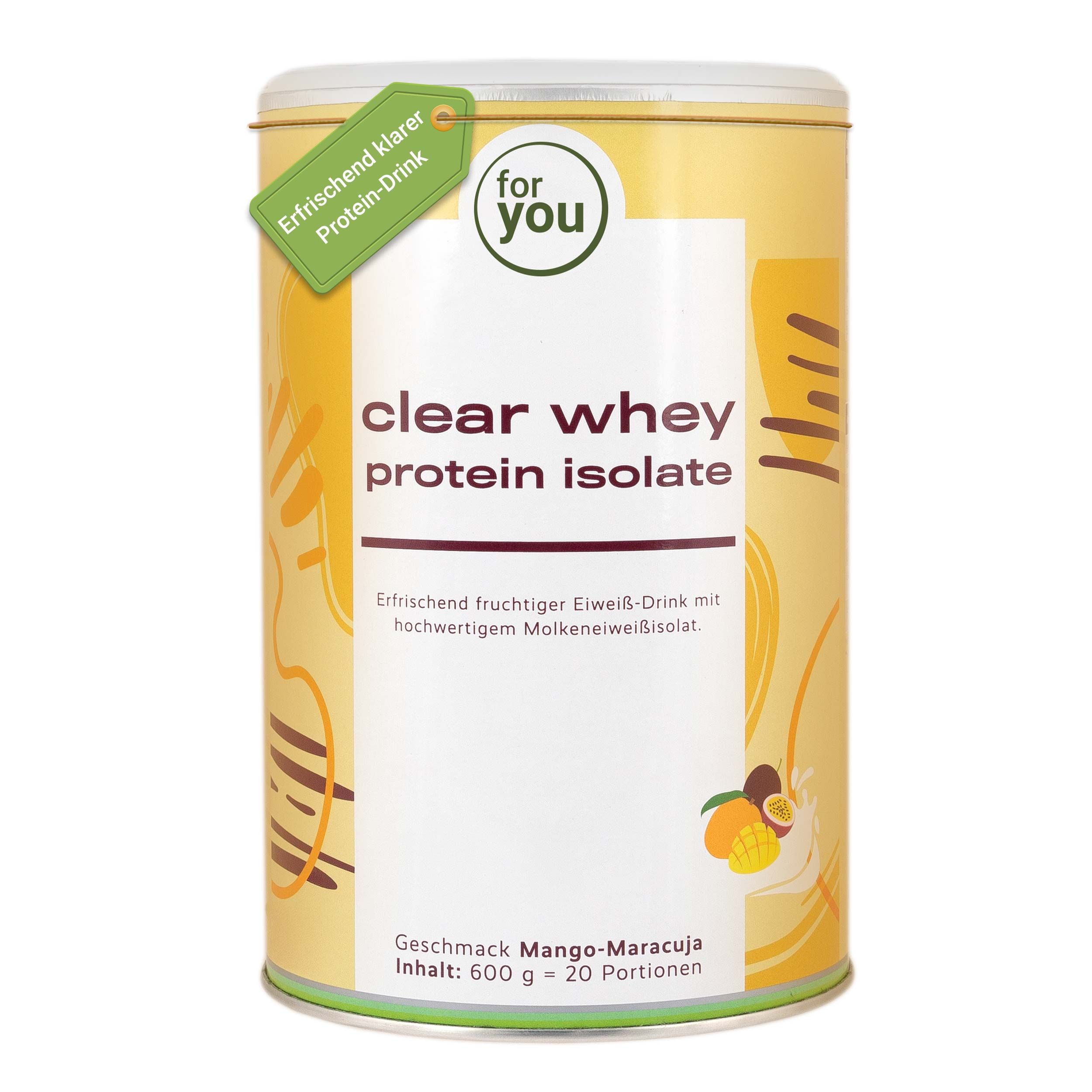 Dose Clear Whey Protein Isolate, Mango-Maracuja Geschmack. Etikett mit 'Erfrischend klarer Protein-Drink'.