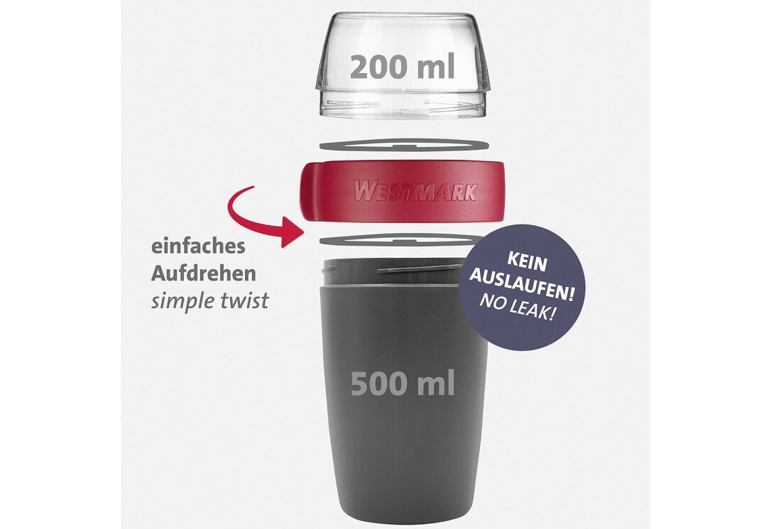 Zerlegter Müslibecher. Einzelteile: Deckel, rotes Band mit WESTMARK-Logo, Dichtungsringe, Becher. Text: 200 ml, 500 ml, einfaches Aufdrehen, kein Auslaufen!