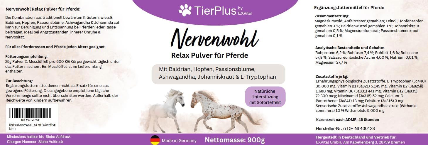 Produktetikett. Aufschrift: Nervenwohl Relax Pulver für Pferde. Inhaltsstoffe. Netto-Masse: 900g. Hergestellt in Deutschland.