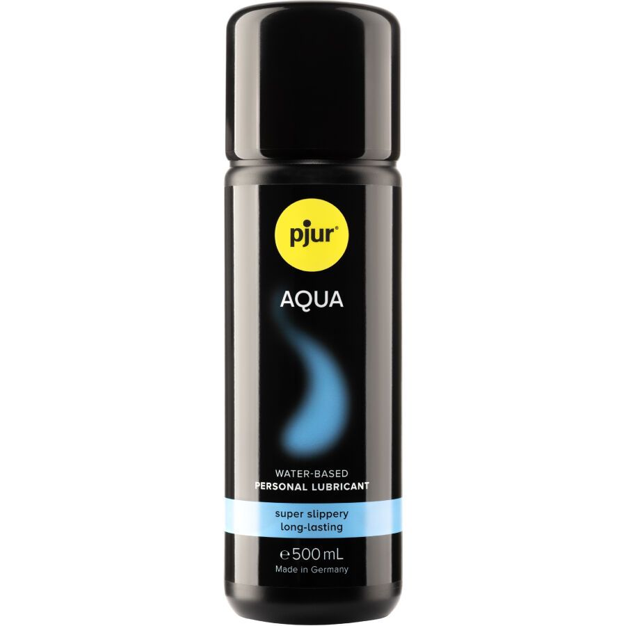 Schwarze Flasche mit schwarzem Deckel. Aufschrift "pjur AQUA". Blaue Flüssigkeit dargestellt. Text: "WATER-BASED PERSONAL LUBRICANT".