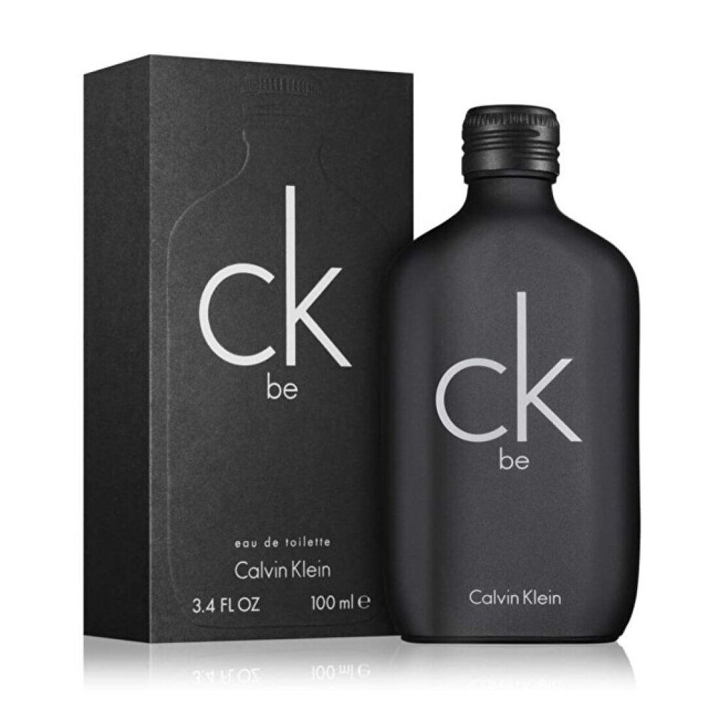 Schwarze Flasche und Verpackung. Aufschrift "ck be" und "Calvin Klein". Flasche mit Schraubverschluss. 100 ml.