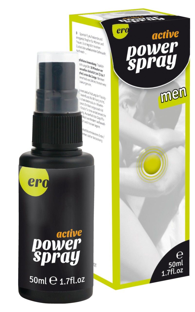 Schwarze Flasche mit Sprühkopf und grüner Etikettierung. Aufschrift "active power spray men". Verpackung mit Produktabbildung.